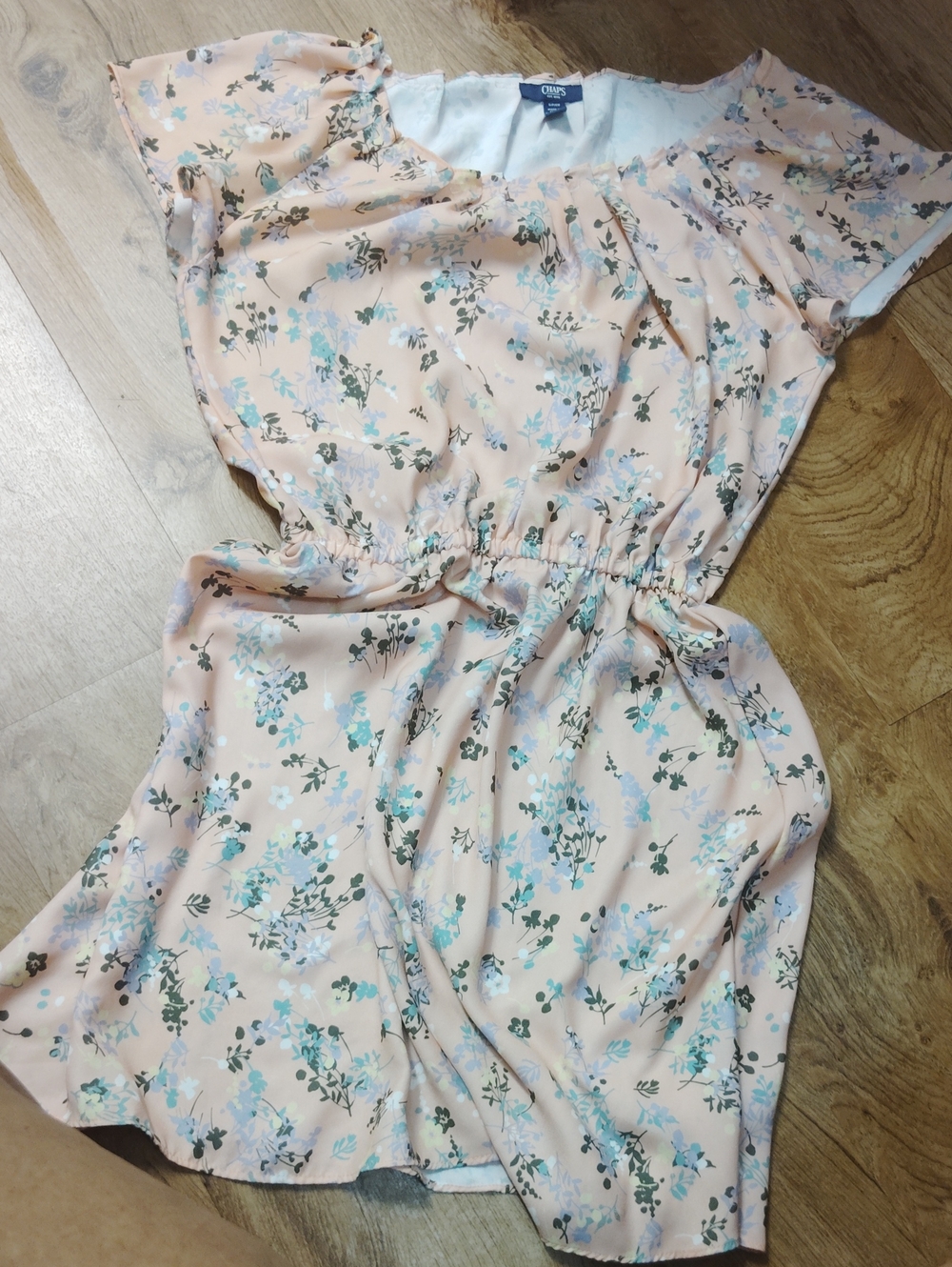 Chaps Peach Floral Casual Dress with Blue & Green Accents